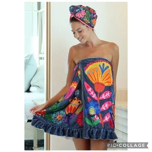 Natural Life Navy Folk Flower Colorful Floral Towel Wrap Size S/M NWT